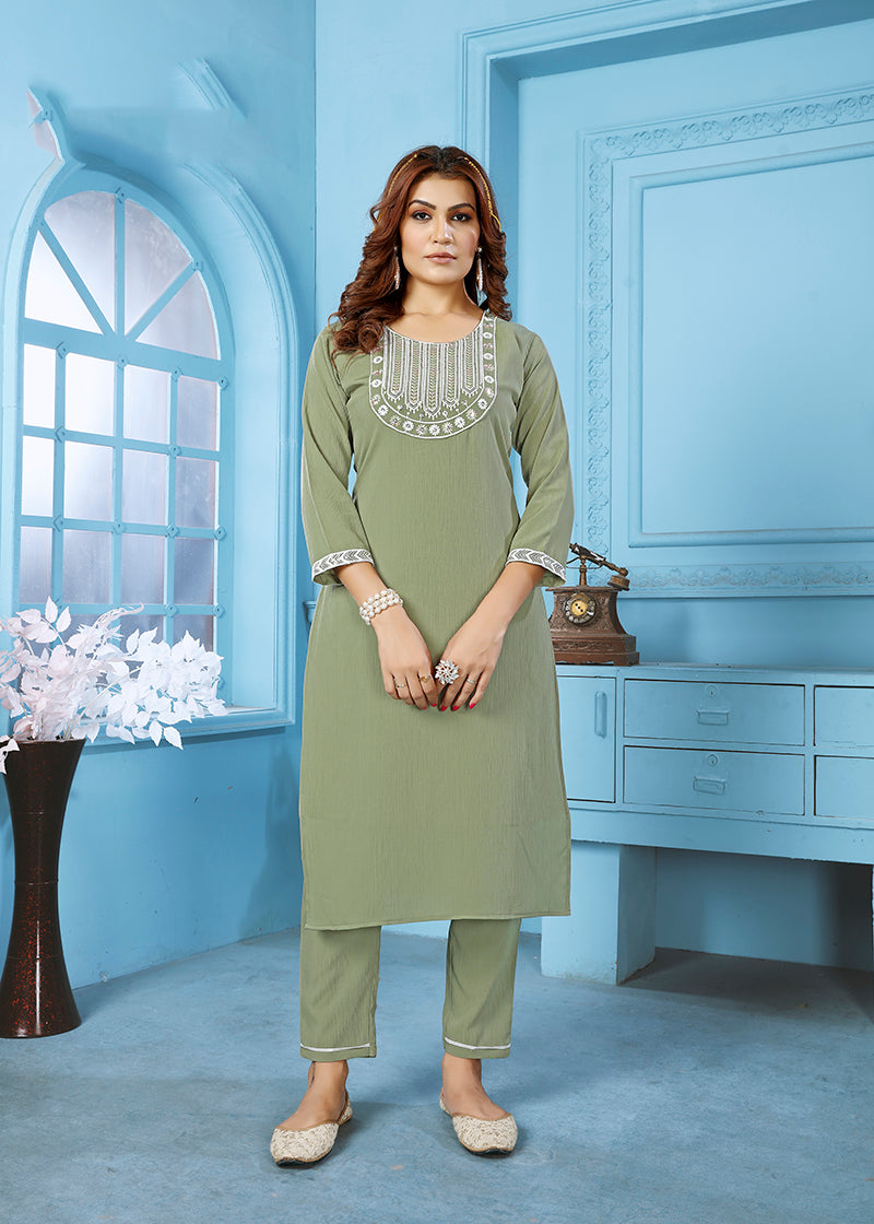 Monjolika Fashion Sage Green Rinkal Cotton With Embroidered Work Kurti With Pant - Distacart