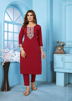Monjolika Fashion Red Rinkal Cotton With Embroidered Work Kurti With Pant - Distacart