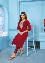 Monjolika Fashion Red Rinkal Cotton With Embroidered Work Kurti With Pant - Distacart