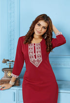 Monjolika Fashion Red Rinkal Cotton With Embroidered Work Kurti With Pant - Distacart