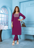 Monjolika Fashion Purple Rinkal Cotton With Embroidered Work Kurti With Pant - Distacart