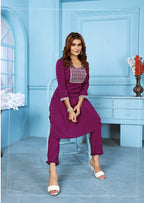 Monjolika Fashion Purple Rinkal Cotton With Embroidered Work Kurti With Pant - Distacart