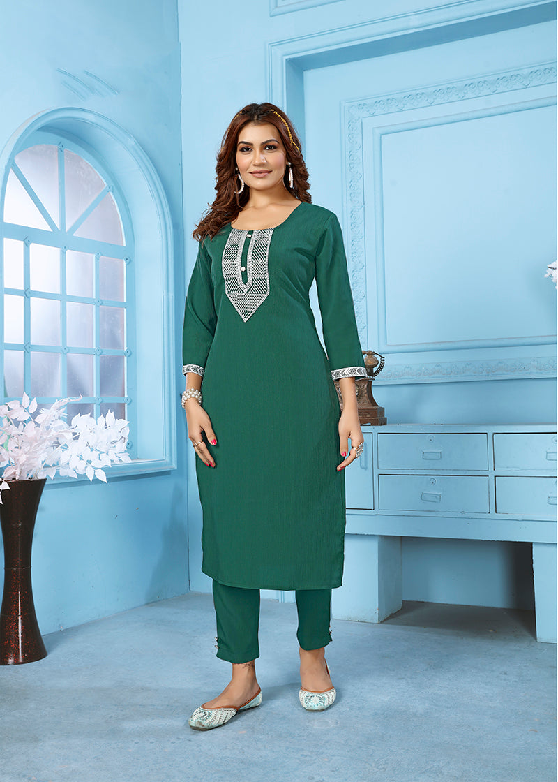 Monjolika Fashion Dark Green Rinkal Cotton With Embroidered Work Kurti With Pant - Distacart
