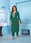 Monjolika Fashion Dark Green Rinkal Cotton With Embroidered Work Kurti With Pant - Distacart