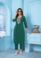 Monjolika Fashion Dark Green Rinkal Cotton With Embroidered Work Kurti With Pant - Distacart