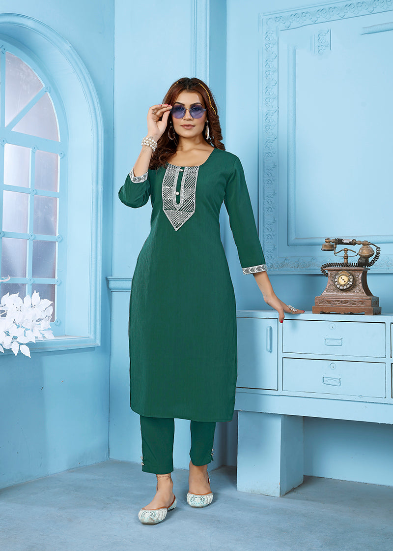 Monjolika Fashion Dark Green Rinkal Cotton With Embroidered Work Kurti With Pant - Distacart