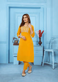 Monjolika Fashion Yellow Rinkal Cotton With Embroidered Work Kurti With Pant - Distacart