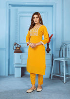 Monjolika Fashion Yellow Rinkal Cotton With Embroidered Work Kurti With Pant - Distacart