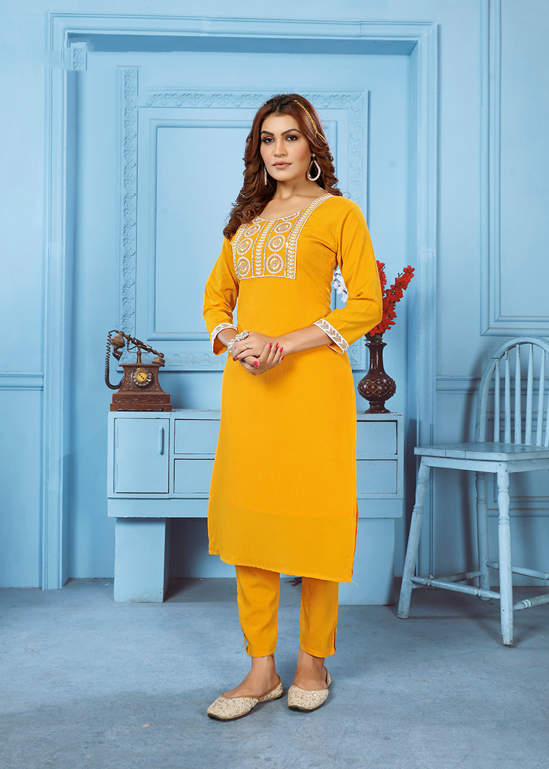 Monjolika Fashion Yellow Rinkal Cotton With Embroidered Work Kurti With Pant - Distacart