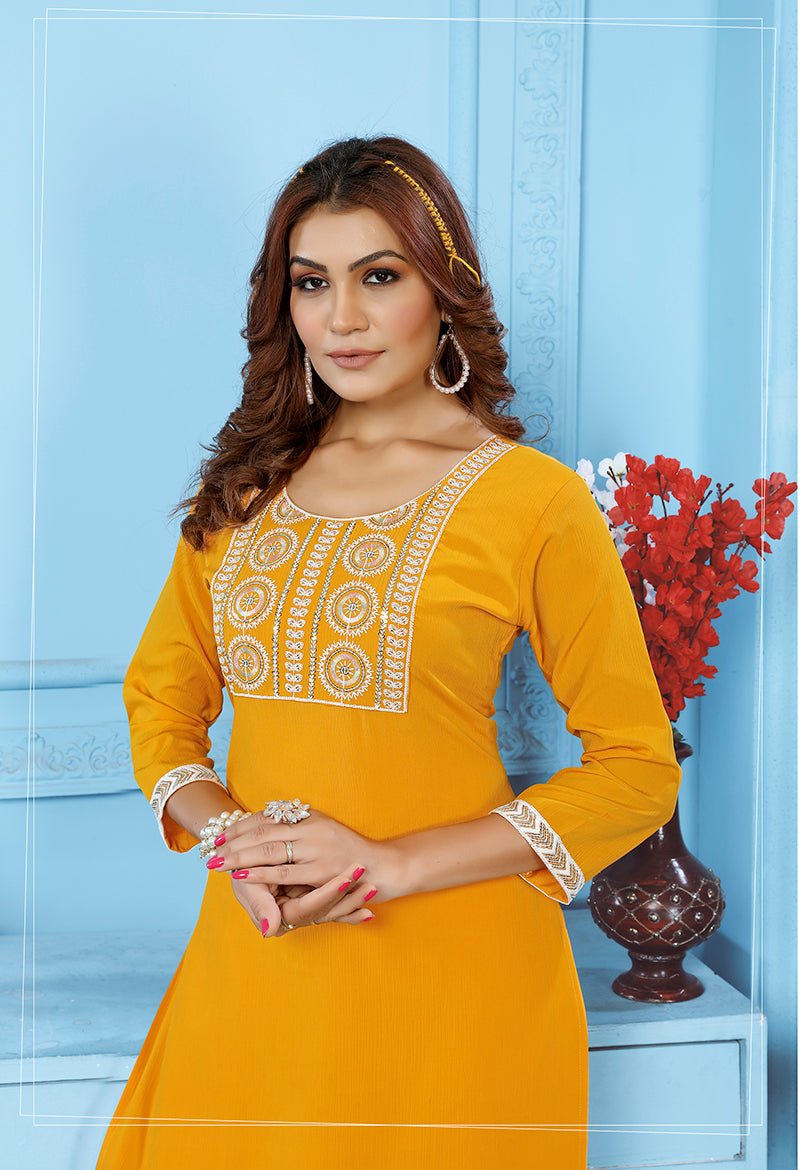Monjolika Fashion Yellow Rinkal Cotton With Embroidered Work Kurti With Pant - Distacart
