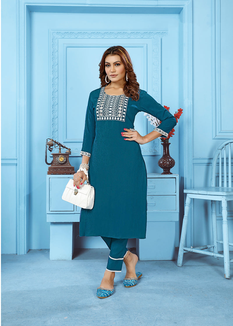 Monjolika Fashion Teal Blue Rinkal Cotton With Embroidered Work Kurti With Pant - Distacart