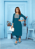 Monjolika Fashion Teal Blue Rinkal Cotton With Embroidered Work Kurti With Pant - Distacart