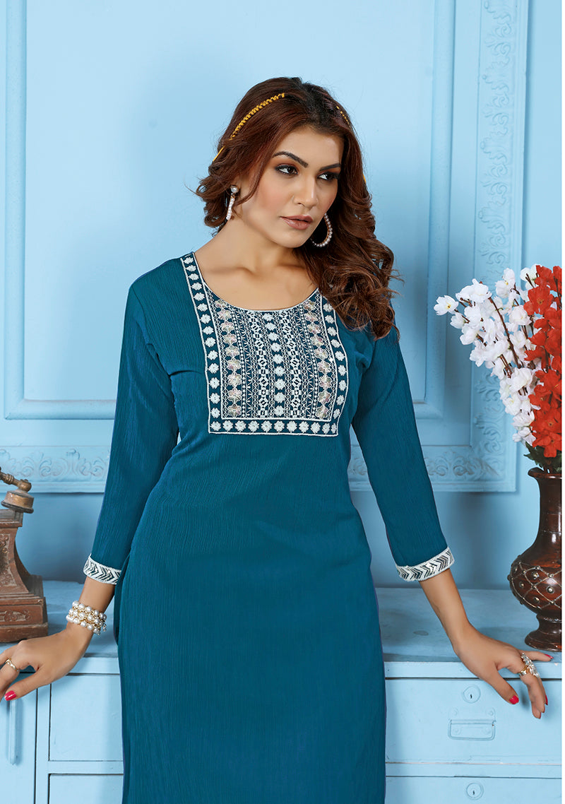 Monjolika Fashion Teal Blue Rinkal Cotton With Embroidered Work Kurti With Pant - Distacart