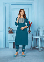Monjolika Fashion Teal Blue Rinkal Cotton With Embroidered Work Kurti With Pant - Distacart
