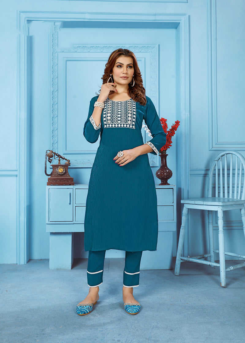 Monjolika Fashion Teal Blue Rinkal Cotton With Embroidered Work Kurti With Pant - Distacart