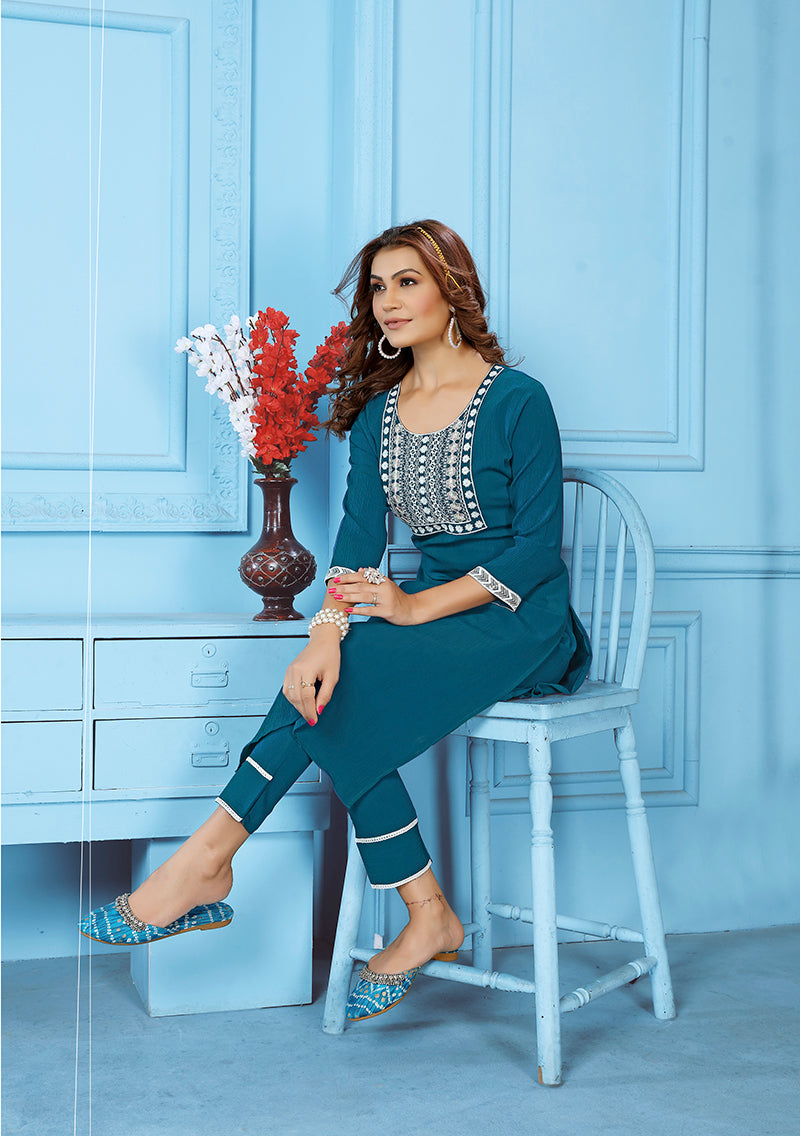 Monjolika Fashion Teal Blue Rinkal Cotton With Embroidered Work Kurti With Pant - Distacart