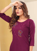 Monjolika Fashion Magenta Vision Silk With Handmade Embroidery Kurti - Distacart