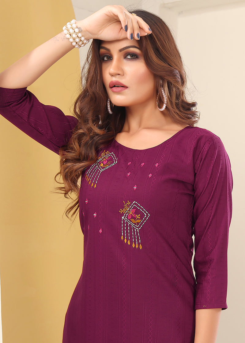 Monjolika Fashion Magenta Vision Silk With Handmade Embroidery Kurti - Distacart