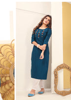 Monjolika Fashion Teal Blue Vision Silk With Handmade Embroidery Kurti - Distacart
