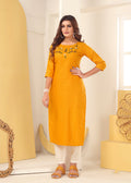 Monjolika Fashion Mustard Vision Silk With Handmade Embroidery Kurti - Distacart