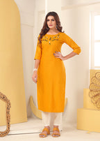 Monjolika Fashion Mustard Vision Silk With Handmade Embroidery Kurti - Distacart