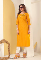 Monjolika Fashion Mustard Vision Silk With Handmade Embroidery Kurti - Distacart