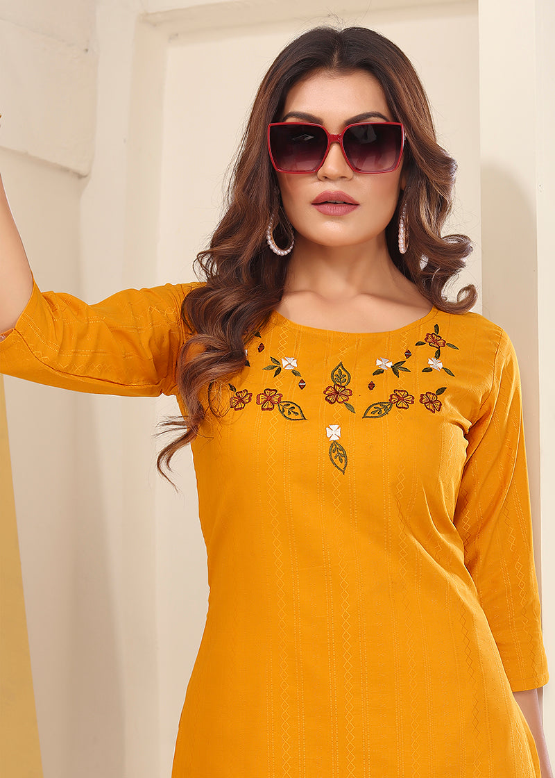 Monjolika Fashion Mustard Vision Silk With Handmade Embroidery Kurti - Distacart