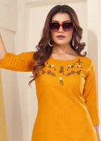 Monjolika Fashion Mustard Vision Silk With Handmade Embroidery Kurti - Distacart