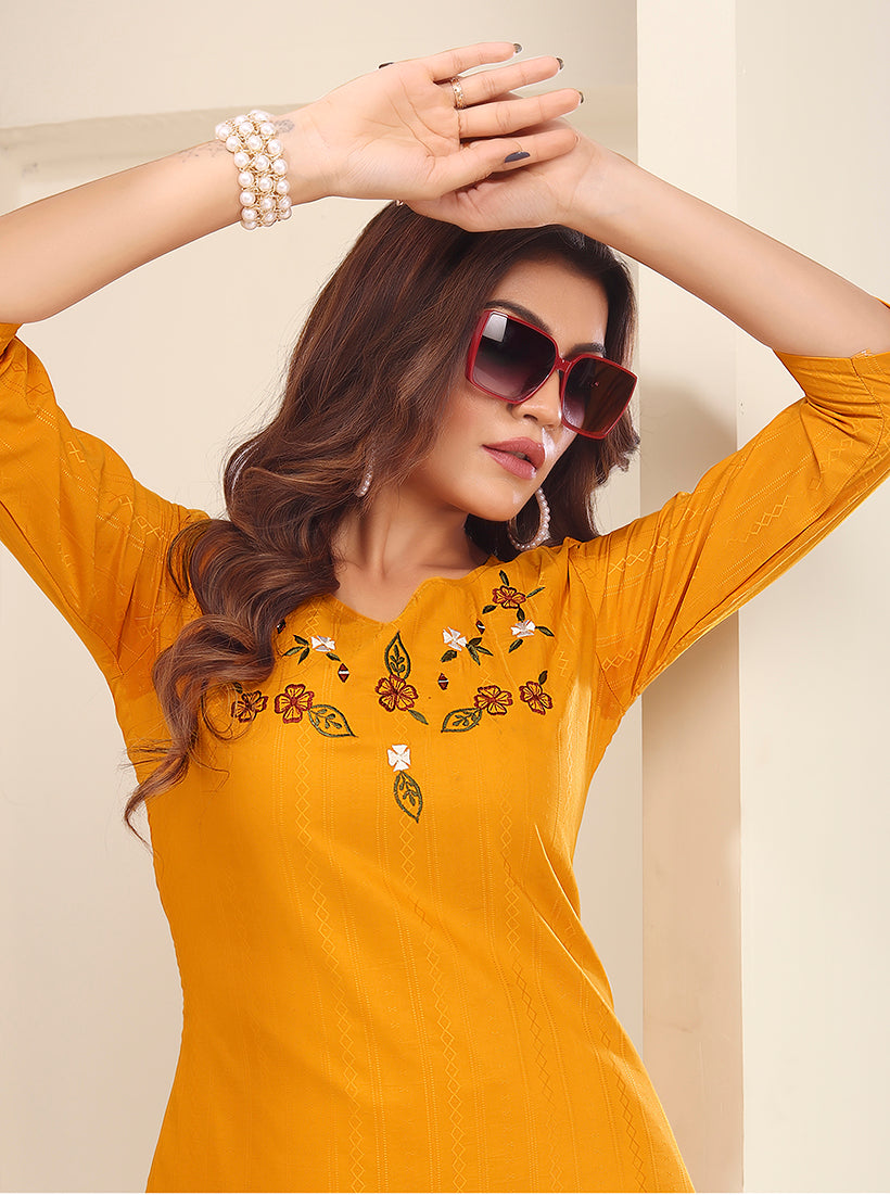 Monjolika Fashion Mustard Vision Silk With Handmade Embroidery Kurti - Distacart