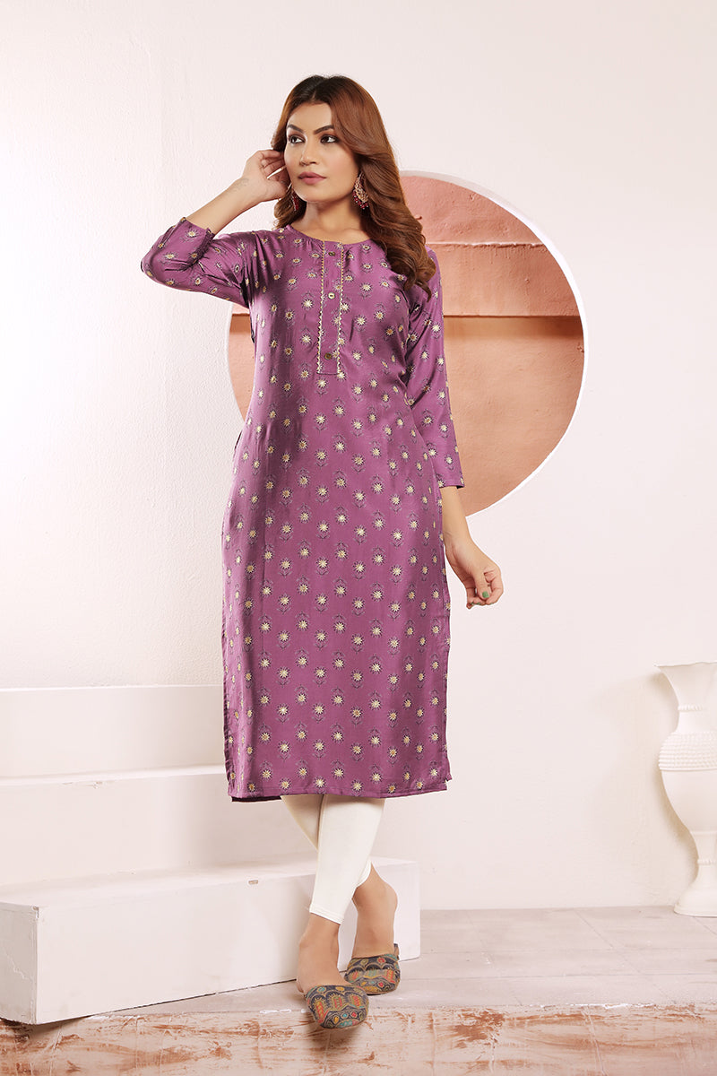 Monjolika Fashion Lavender Viscose Maslin Print With Pocket Stylish Kurti - Distacart