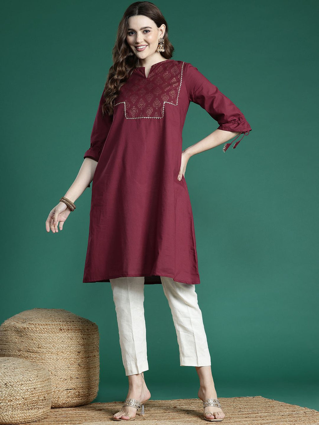 Sangria Ethnic Motifs Printed Gotta Patti Pure Cotton Kurta