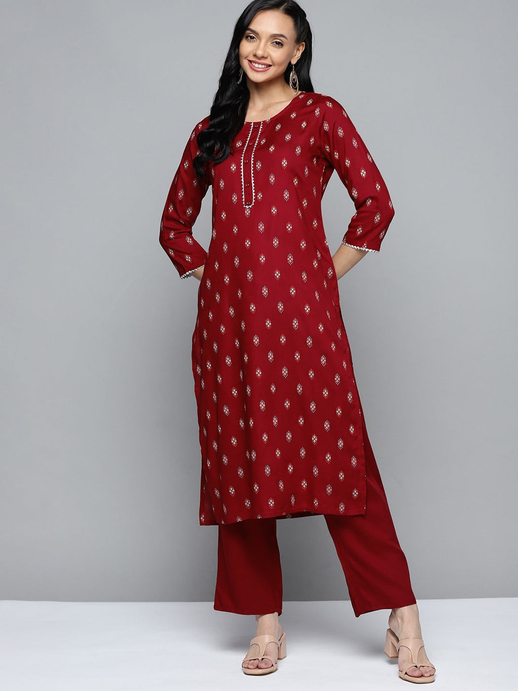 HERE&NOW Women Maroon Ethnic Motifs Printed Regular Kurta with Palazzos