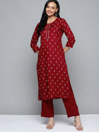 HERE&NOW Women Maroon Ethnic Motifs Printed Regular Kurta with Palazzos