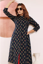 Monjolika Fashion Navy Blue Viscose Maslin Print With Pocket Stylish Kurti - Distacart