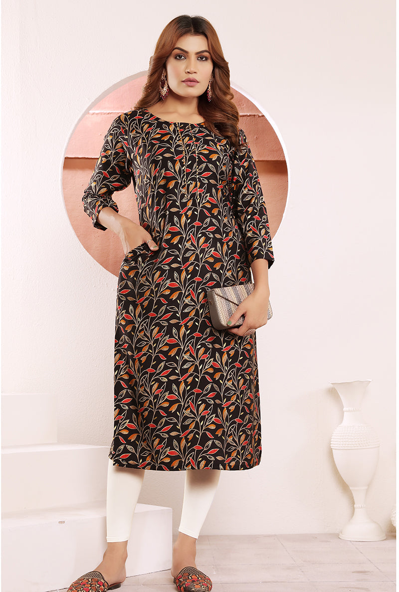 Monjolika Fashion Black Viscose Maslin Print With Pocket Stylish Kurti - Distacart