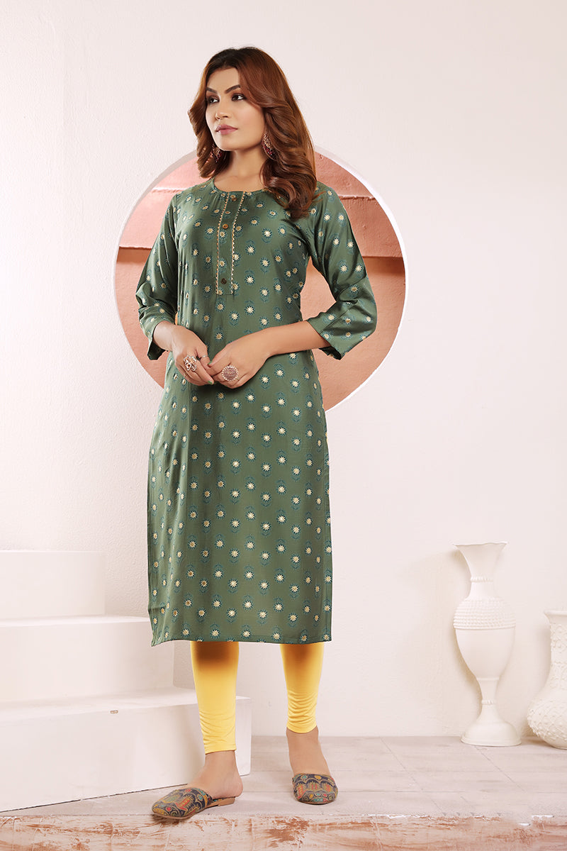 Monjolika Fashion Olive Green Viscose Maslin Print With Pocket Stylish Kurti - Distacart