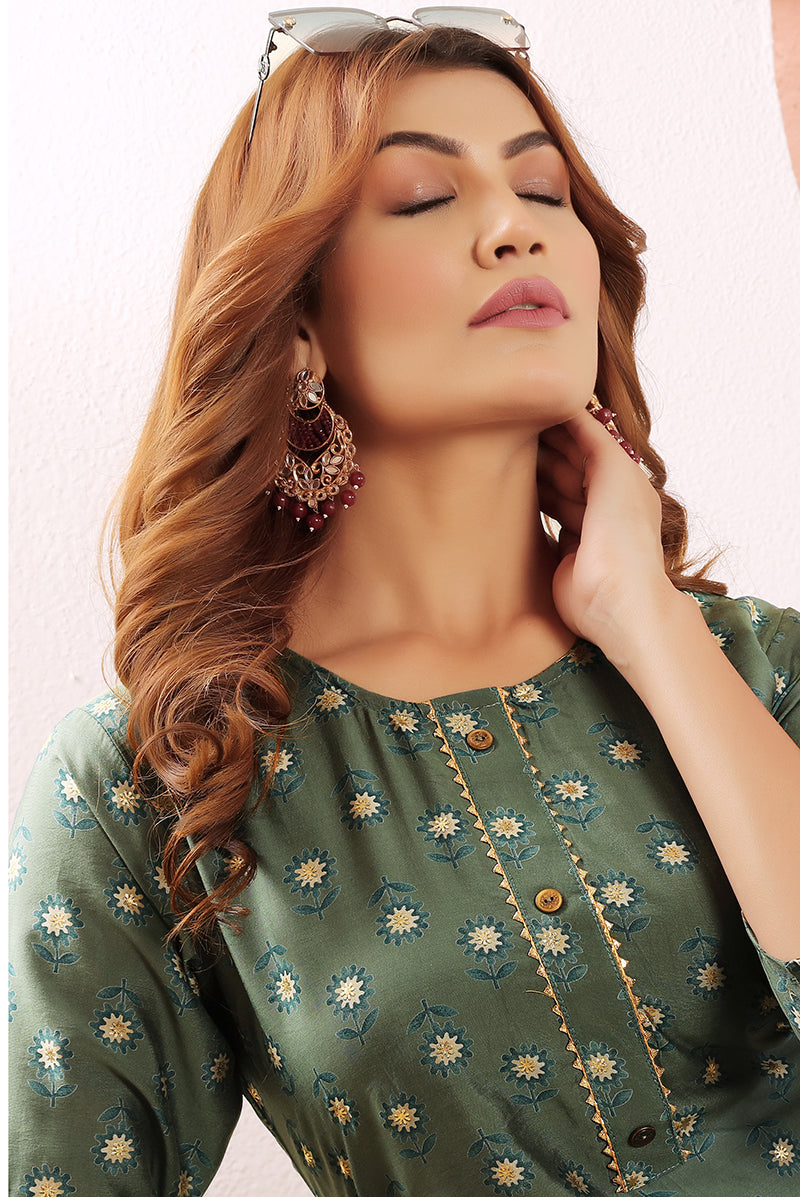 Monjolika Fashion Olive Green Viscose Maslin Print With Pocket Stylish Kurti - Distacart