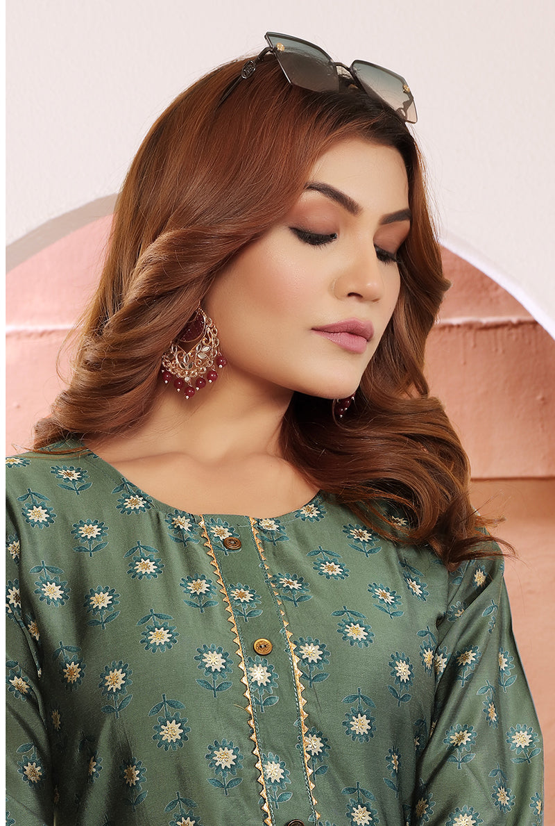 Monjolika Fashion Olive Green Viscose Maslin Print With Pocket Stylish Kurti - Distacart