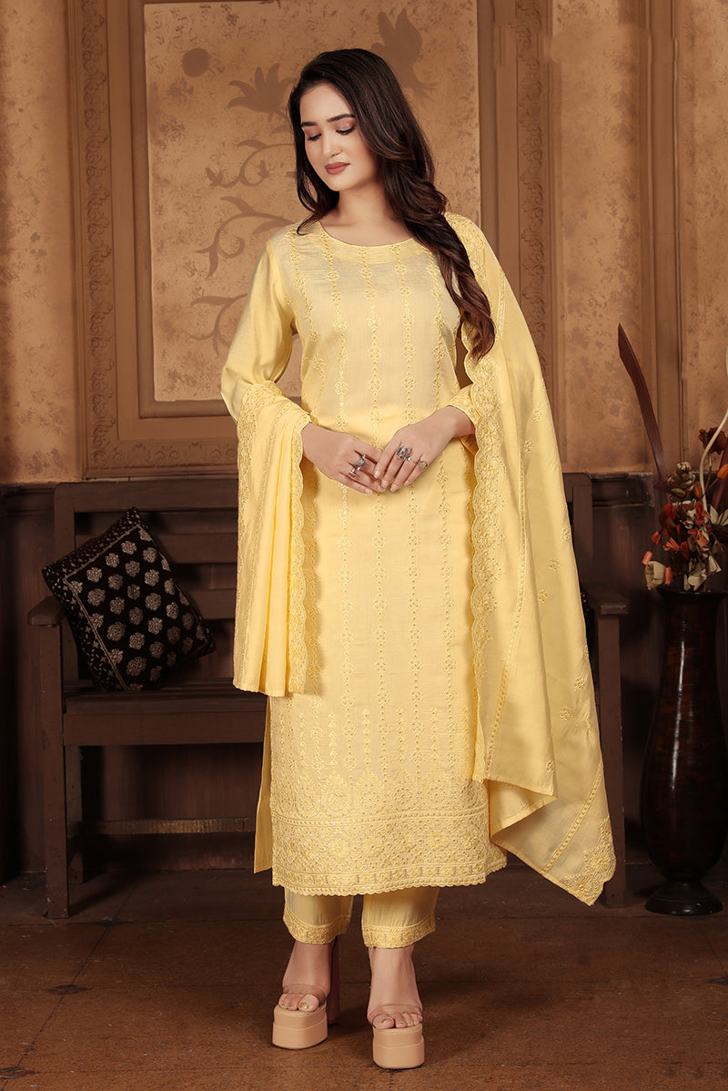 Monjolika Fashion Light Yellow Chanderi With Heavy Sequence Embroidery Classic Suit - Distacart