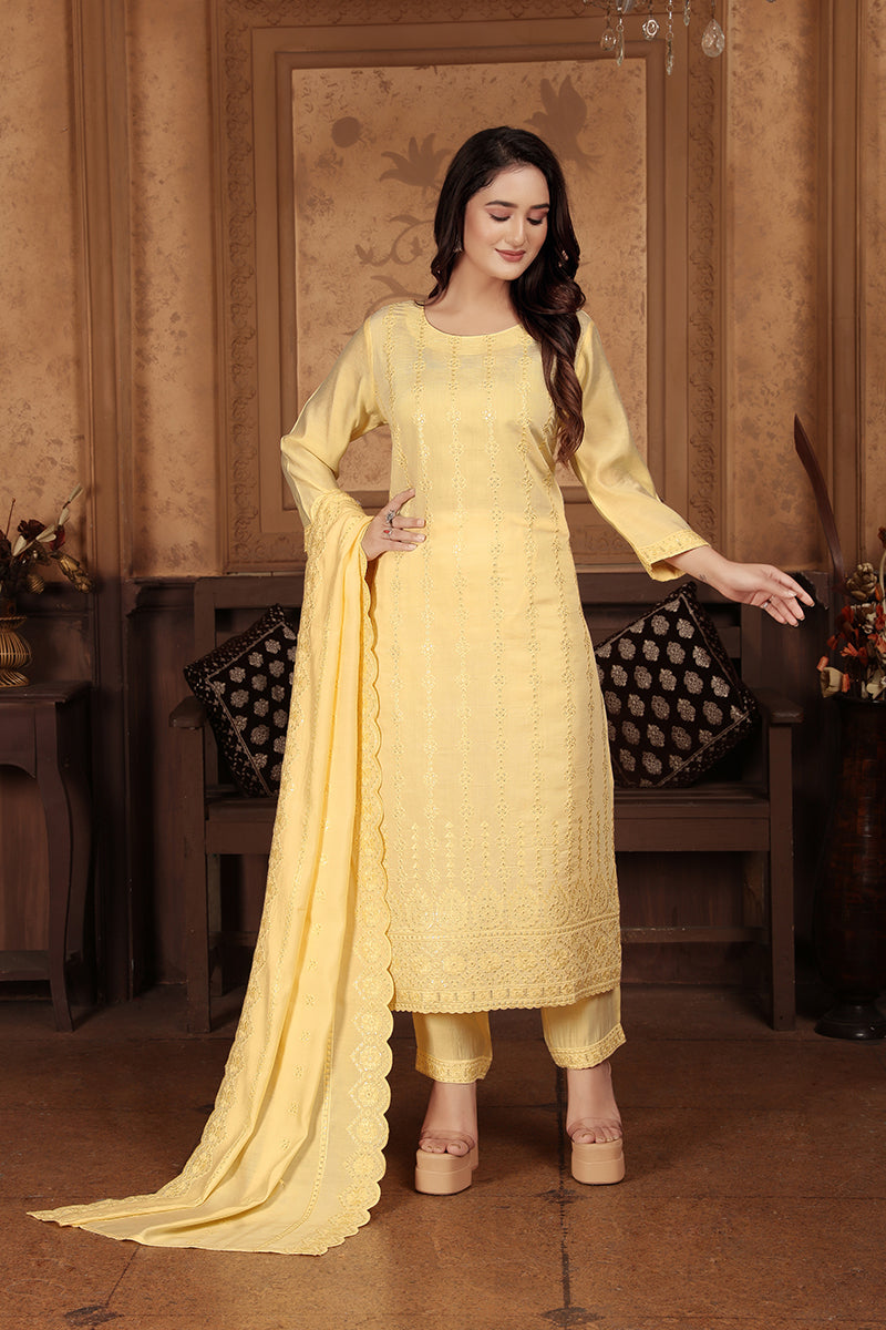 Monjolika Fashion Light Yellow Chanderi With Heavy Sequence Embroidery Classic Suit - Distacart