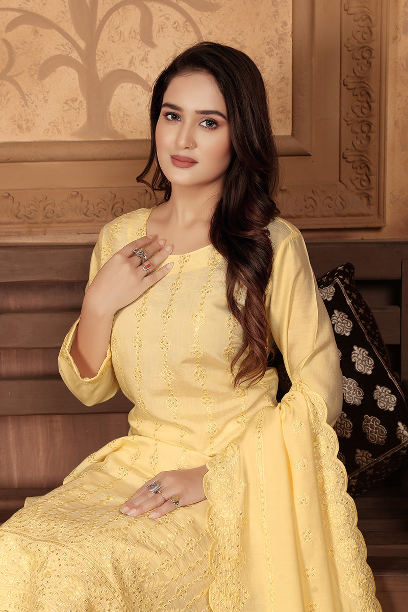 Monjolika Fashion Light Yellow Chanderi With Heavy Sequence Embroidery Classic Suit - Distacart