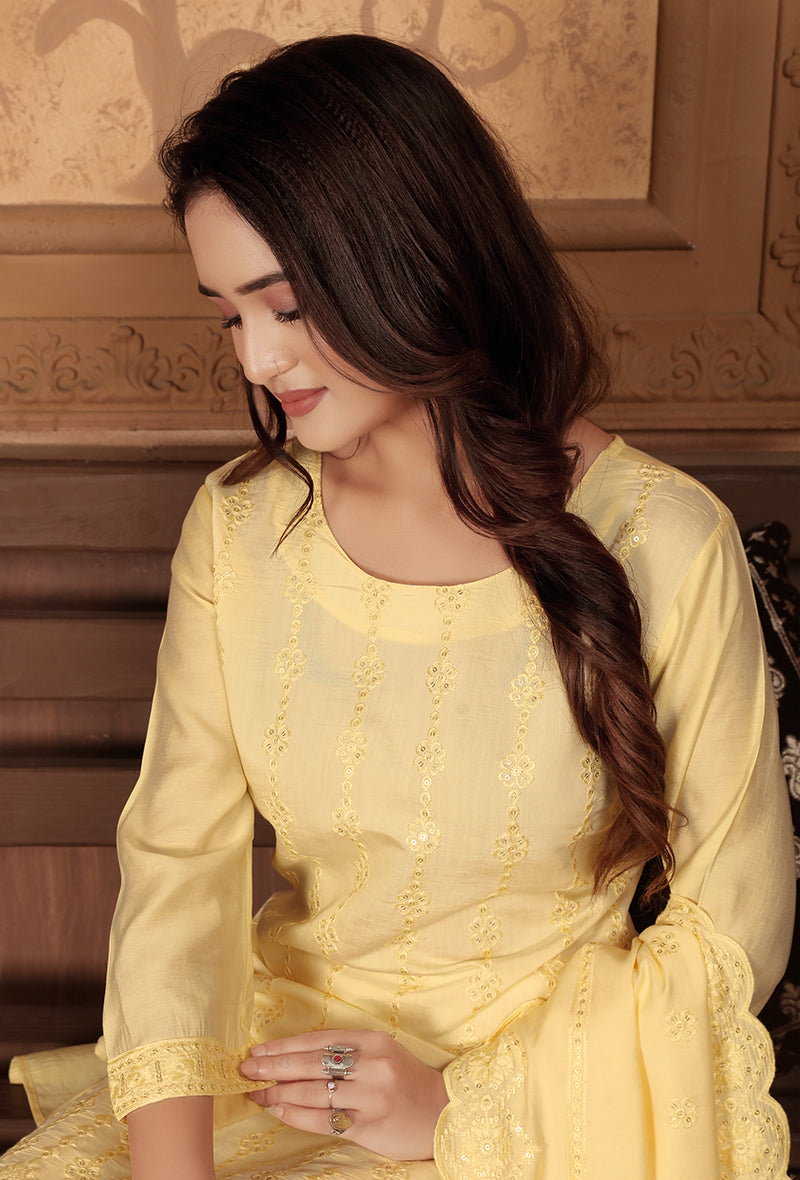 Monjolika Fashion Light Yellow Chanderi With Heavy Sequence Embroidery Classic Suit - Distacart