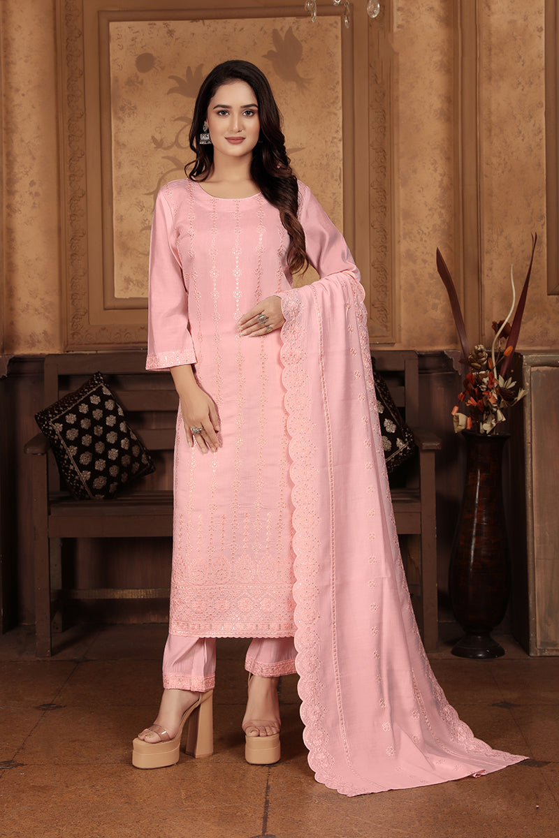 Monjolika Fashion Light Pink Chanderi With Heavy Sequence Embroidery Classic Suit - Distacart