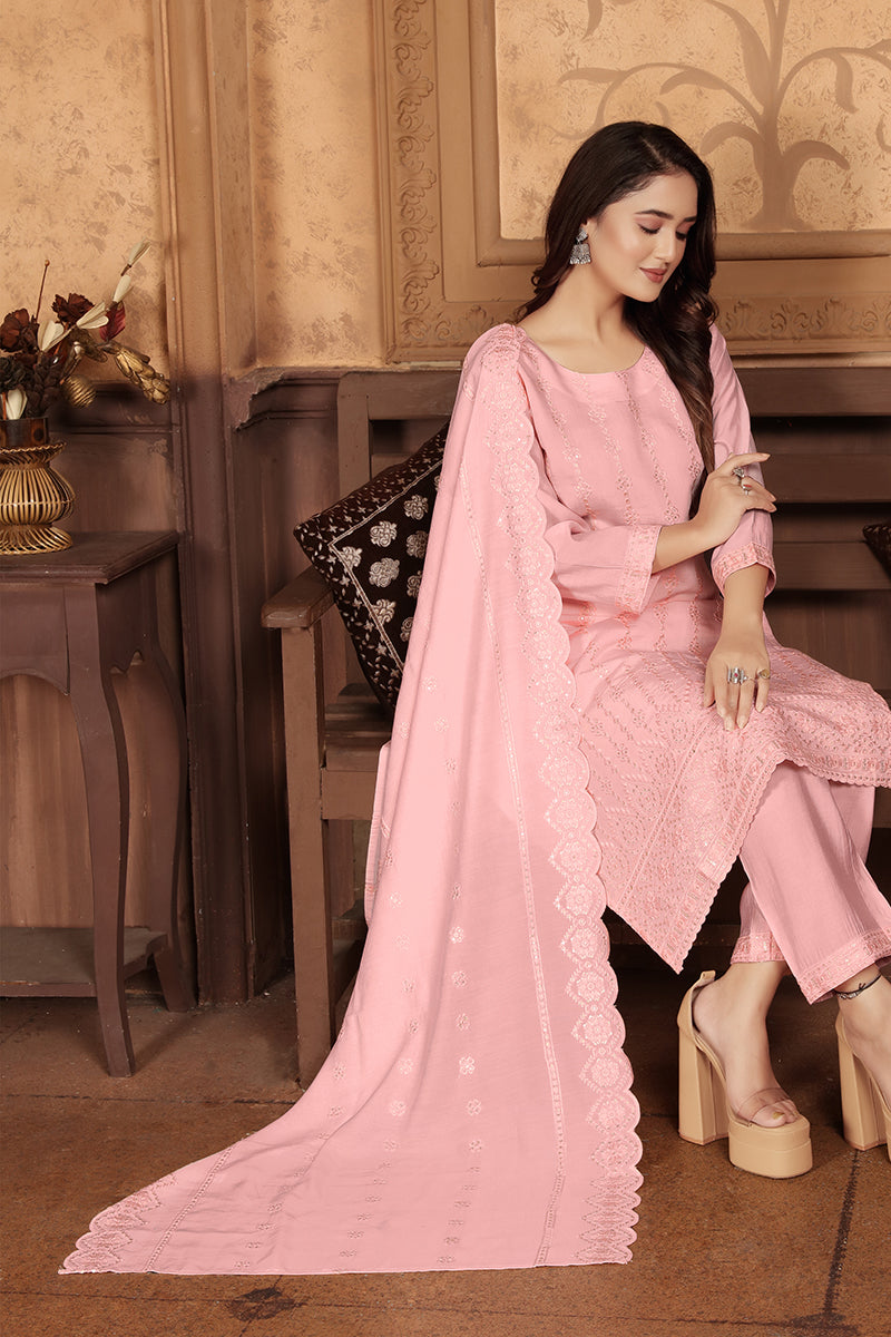 Monjolika Fashion Light Pink Chanderi With Heavy Sequence Embroidery Classic Suit - Distacart