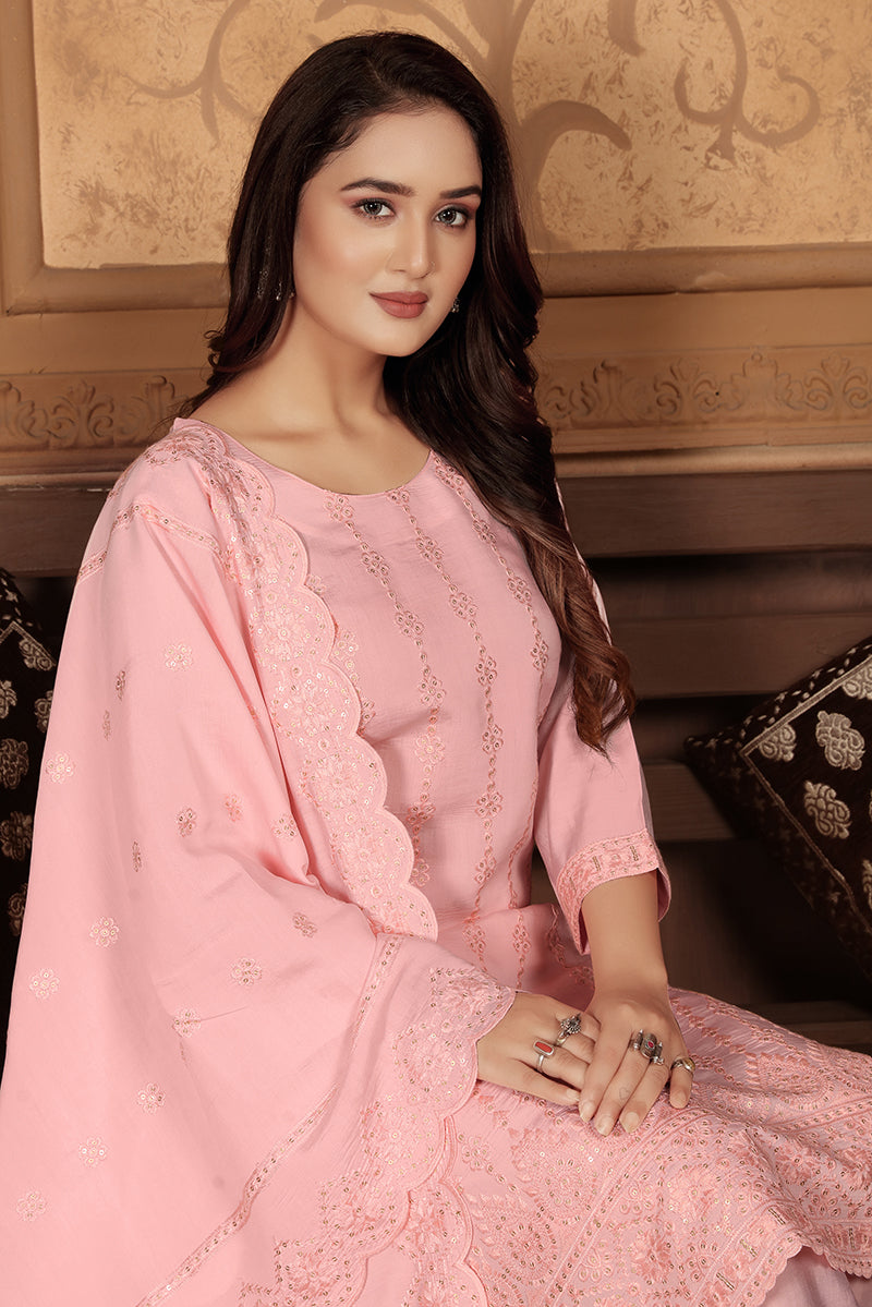 Monjolika Fashion Light Pink Chanderi With Heavy Sequence Embroidery Classic Suit - Distacart
