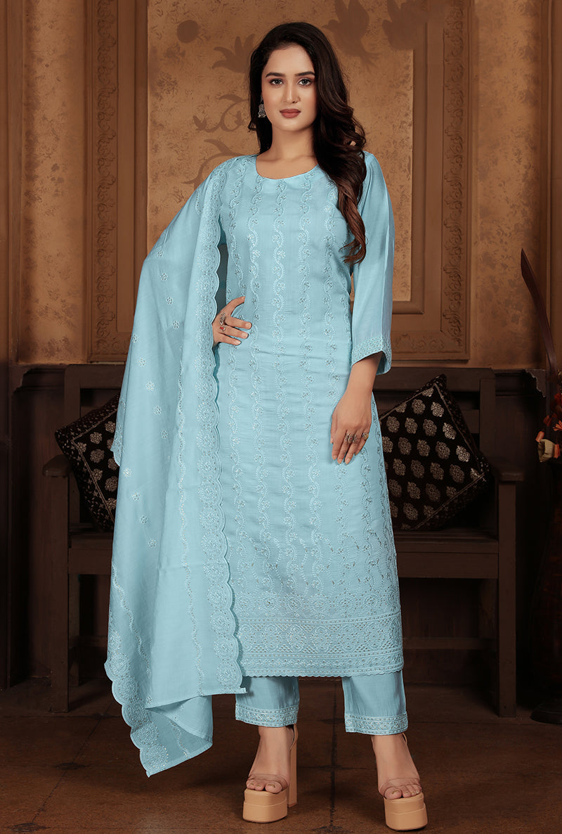Monjolika Fashion Light Blue Chanderi With Heavy Sequence Embroidery Classic Suit - Distacart