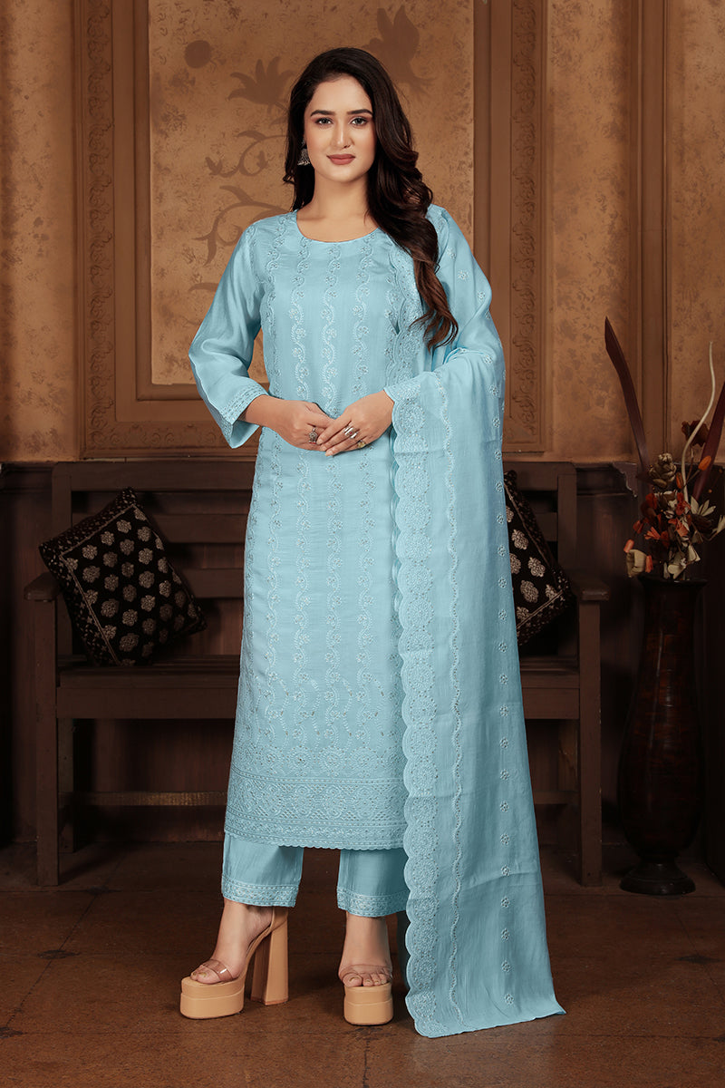 Monjolika Fashion Light Blue Chanderi With Heavy Sequence Embroidery Classic Suit - Distacart