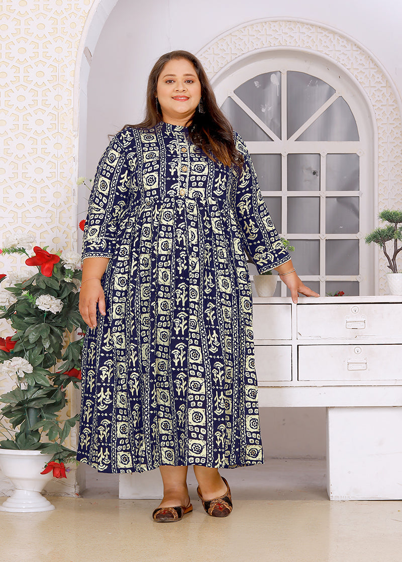 Monjolika Fashion Navy Blue Rayon Plus Size Printed Long Kurti - Distacart