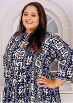 Monjolika Fashion Navy Blue Rayon Plus Size Printed Long Kurti - Distacart