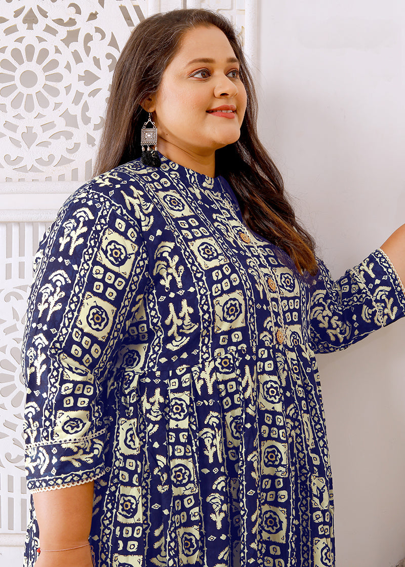 Monjolika Fashion Navy Blue Rayon Plus Size Printed Long Kurti - Distacart